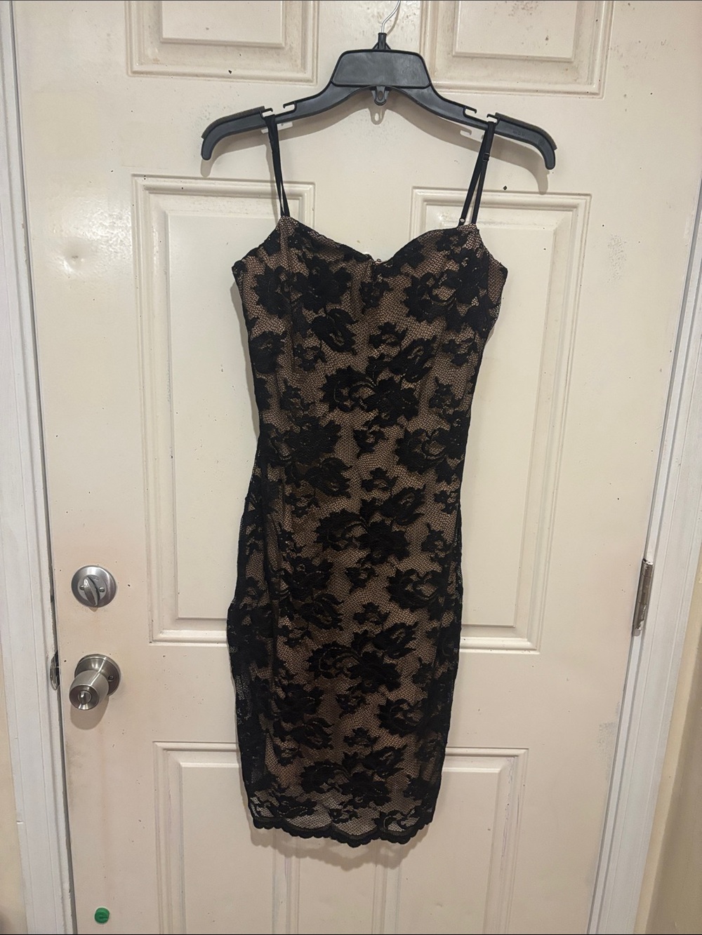 Moda International Black Lace Midi Dress with Nude Underlay